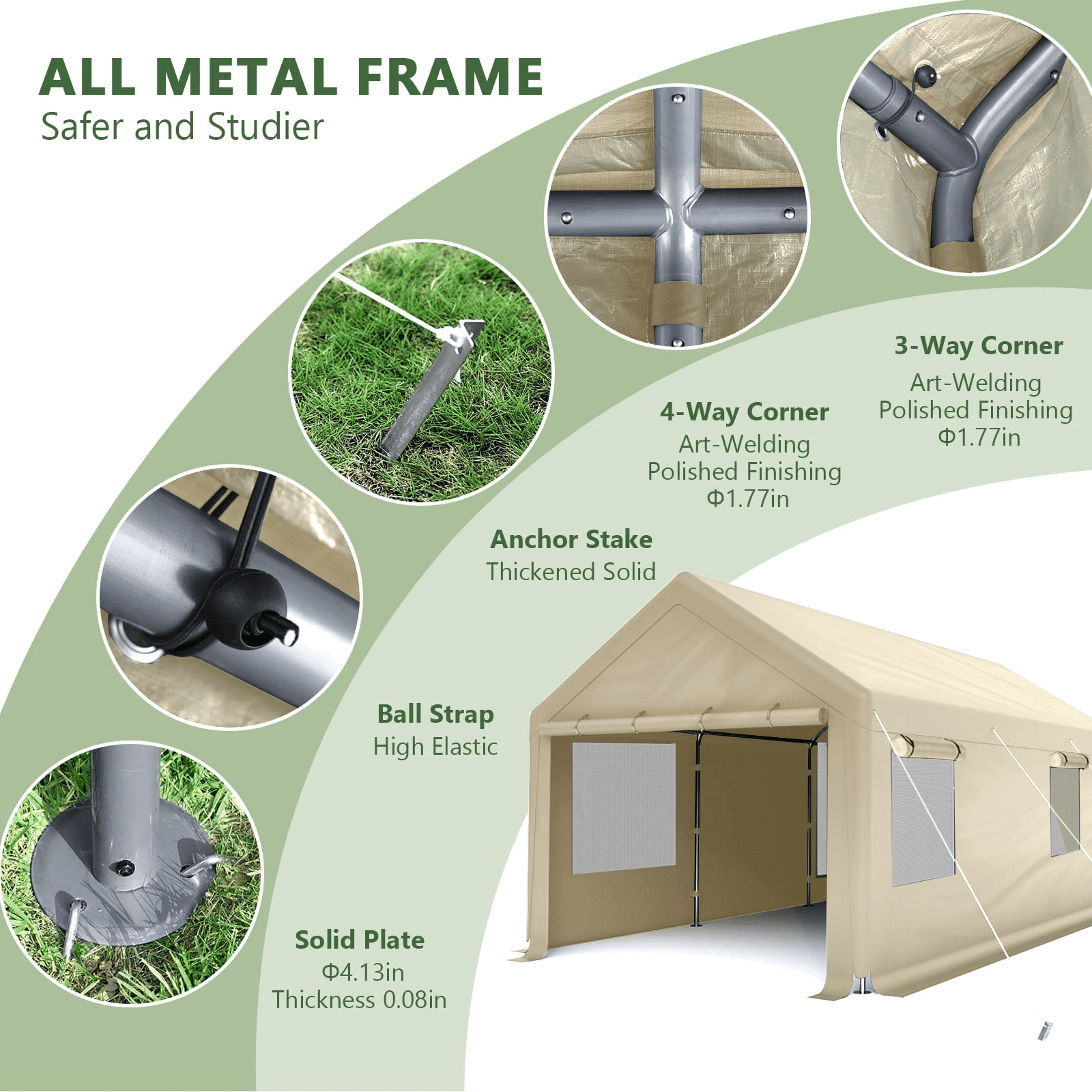 Gaptain W10xL20Ft Heavy Duty Steel Carport Portable Garage with Removable Sidewalls and Windows, Waterproof&Anti-Sunburn&Adjustable Height,Beige