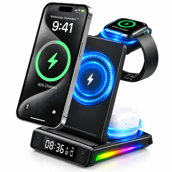 INSMART 5-in-1 Foldable Magnetic Wireless Charging Station, 15W Fast Charger for iPhone, iWatch, TWS Earbuds, Clock & Temp Display with RGB Light