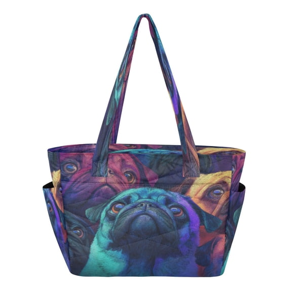 Quilted Tote Bag Large Capacity Multi-Compartment Handbag Lightweight Structured Shoulder Bag Versatile Casual Bag Adorable Pomeranian Dogs Pattern