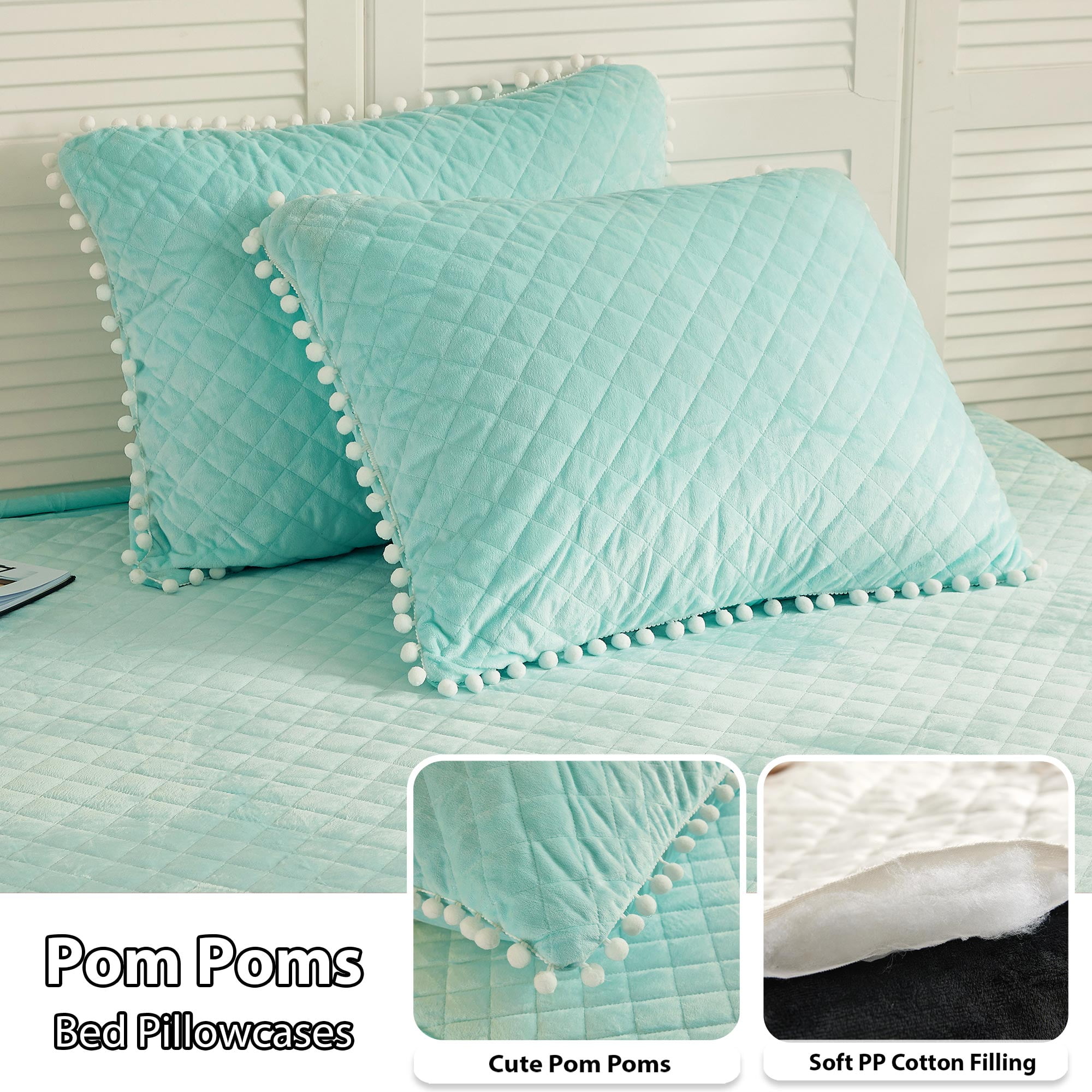LIFEREVO 2 Pieces Luxury Plush Shaggy Faux Fur Duvet Cover Set(1 Fluffy Fuzzy Comforter Cover + 1 Pompoms Fringe Quilted Pillow Shams), Zipper Closure, Twin Size, Aqua