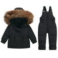 thumbnail image 3 of Jinhomg Warm Snowsuit for Baby Boy Girl 2 Piece Winter Ski Suit Windproof Comfy Long Sleeve Faux Fur Trim Hooded Coat with Snowboard Overalls Clearance Items for Women Black 3 Years, 3 of 9