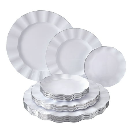 PARTY DISPOSABLE 30 PC DINNERWARE SET | 10 Dinner Plates | 10 Salad Plates | 10 Dessert Plates | Heavyweight Plastic Dishes | Fine China Look | Upscale Wedding and Dining (Veil Collection - White)