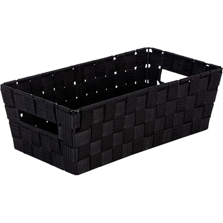 Simplify Extra Long Shelf Woven Strap Tote | Decorative Storage Basket | Built in Handles | Organization | Closet | Bedroom | Bathroom | Nursery | Accessories | Toys | Gifts | 1 Pack | Black
