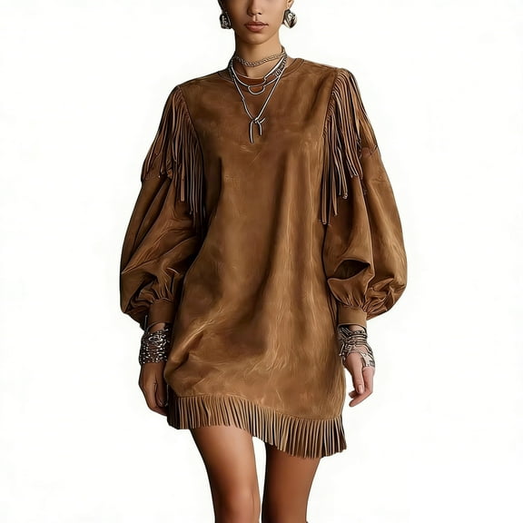 YUGYXL Women's Western Fringe Dress Faux Suede Long Puff Sleeve Crew Neck Loose Shift Mini Tassel Fall Outfit Brown Brown XL