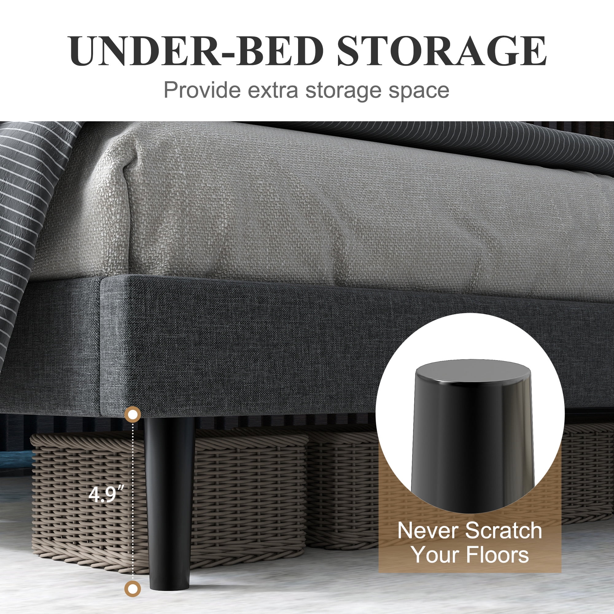 Homy Casa Upholstered Queen Bed with Tech Charging and LED Lights, Modern Headboard, Grey