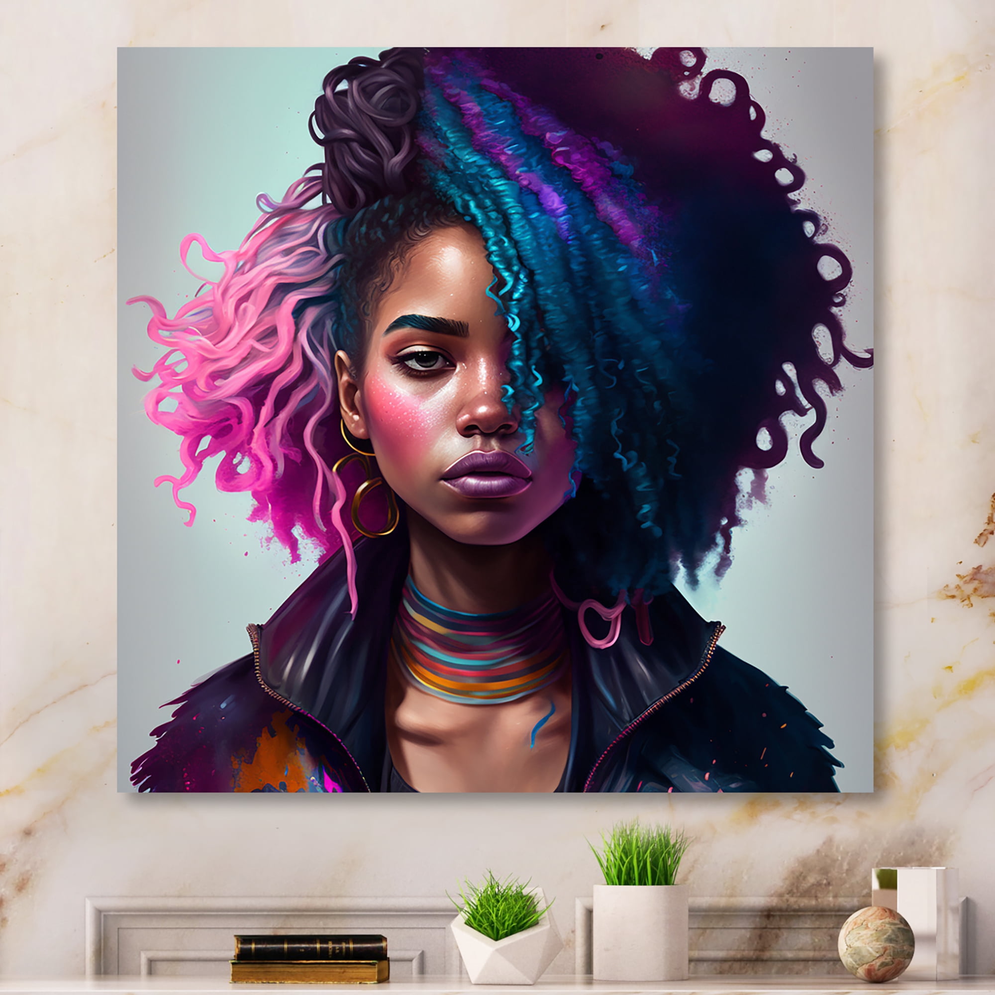 Designart Fashion Hip Hop Girl In Pink And Blue I Canvas Wall Art