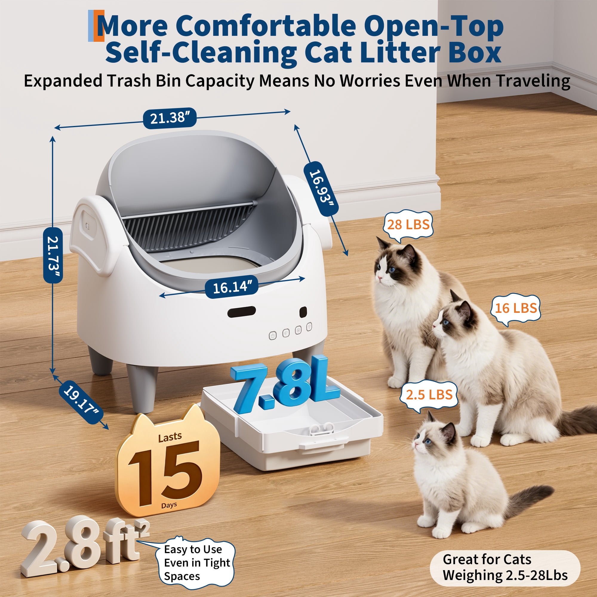 Wisykoke Self Cleaning Litter Box, Open Top Automatic Cat Litter Box with App Control, Electric Cat Litters Box Adjustable Entrance Height, Multi-Sensor Safety Protection