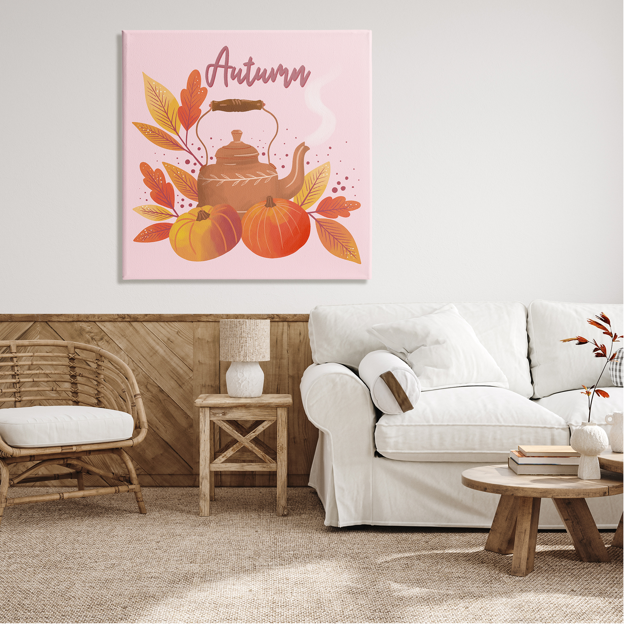 Stupell Industries Warm Autumn Teapot Seasonal Pumpkin Botanicals Graphic Art Gallery Wrapped Canvas Print Wall Art, Design by Dominika Godette