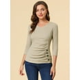 thumbnail image 3 of INSPIRE CHIC Women's Button Decor V Neck 3/4 Sleeve Solid Blouse Knitted Ruched Top, 3 of 6