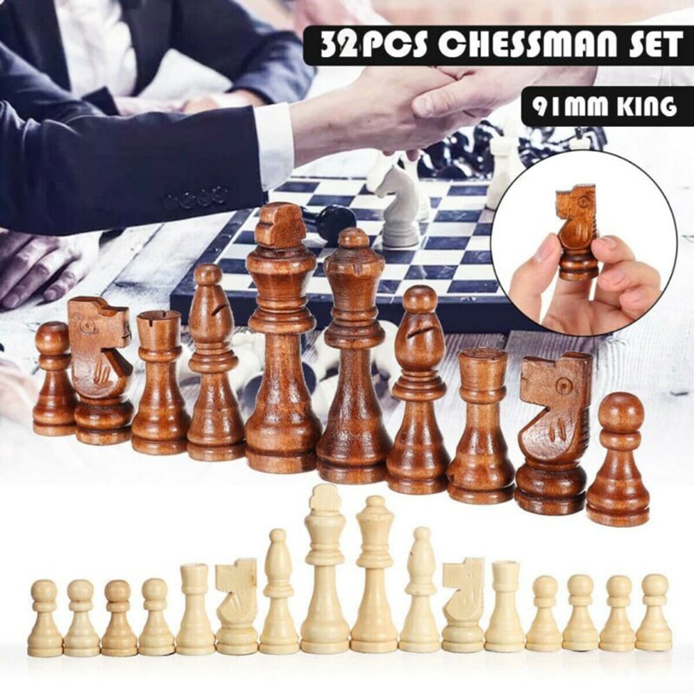 32 PCS Wooden Carved Chess Pieces Hand Crafted Set King Size Educational Toys UK 