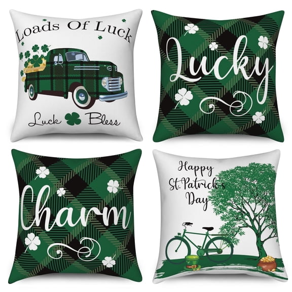 St Patrick’s Day Throw Pillow Covers 20x20 Set of 4,Green Buffalo Plaid Decorative Pillow Cases for Bedroom Sofa Couch