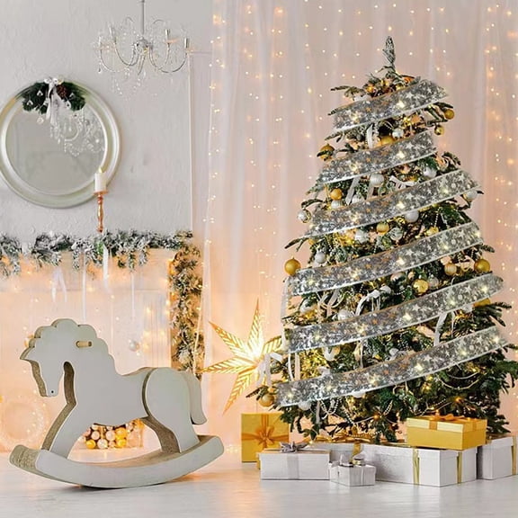 Decoration Clearance ASXite String Lights, Christmas Ribbon LED Light String Christmas Tree Decoration Light Satin Light Gift Box Decoration Ribbon Flashing Light String 10meters 100 Silver
