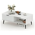 thumbnail image 1 of Coffee Table With Storage, Wooden Coffee Tables With Sliding Door Andsol idWood Legs, 2-Tier Cocktail Table, Mid Century Modern Coffee Table For Living Room, Home Office, Farmhouse, 1 of 8
