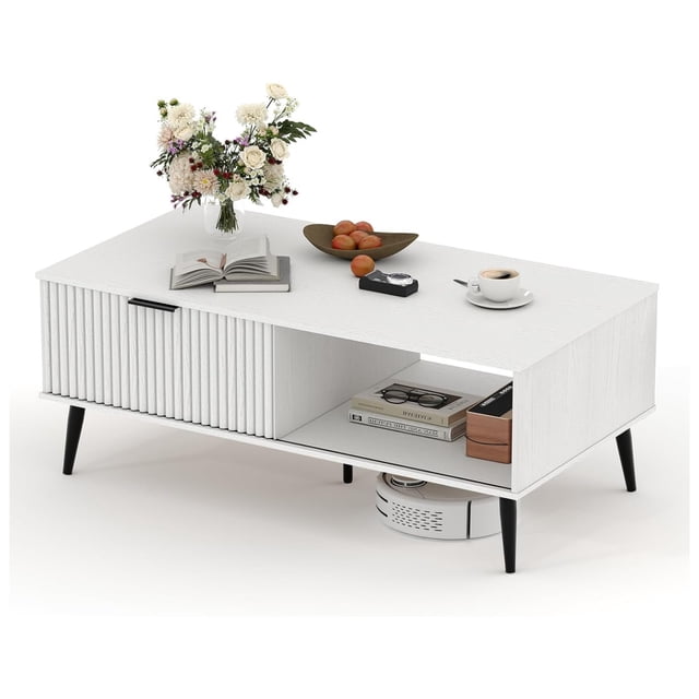 Coffee Table With Storage, Wooden Coffee Tables With Sliding Door Andsol idWood Legs, 2-Tier Cocktail Table, Mid Century Modern Coffee Table For Living Room, Home Office, Farmhouse