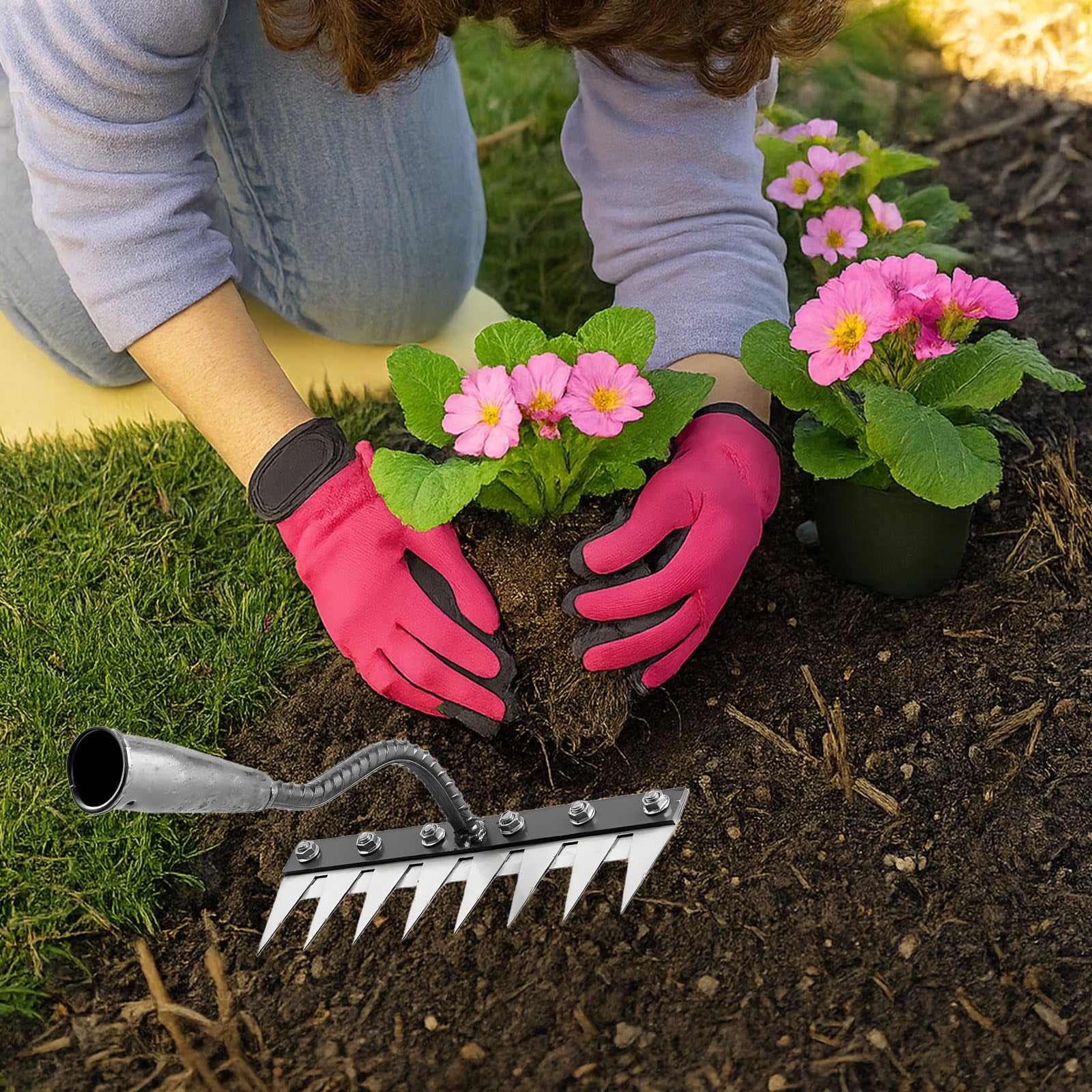 Teeth Carbon Steel Garden Weeding Rake, Detachable 7/8 Teeth Heavy Duty Tool for Yard Farm Lawn Weeding