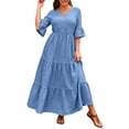 thumbnail image 2 of ClodeEU Women's V Neck 3/4 Sleeve Tiered Ruffle Maxi Dress, Casual Flowy Swing Sundress Blue,Women's Plus XXL, 2 of 7