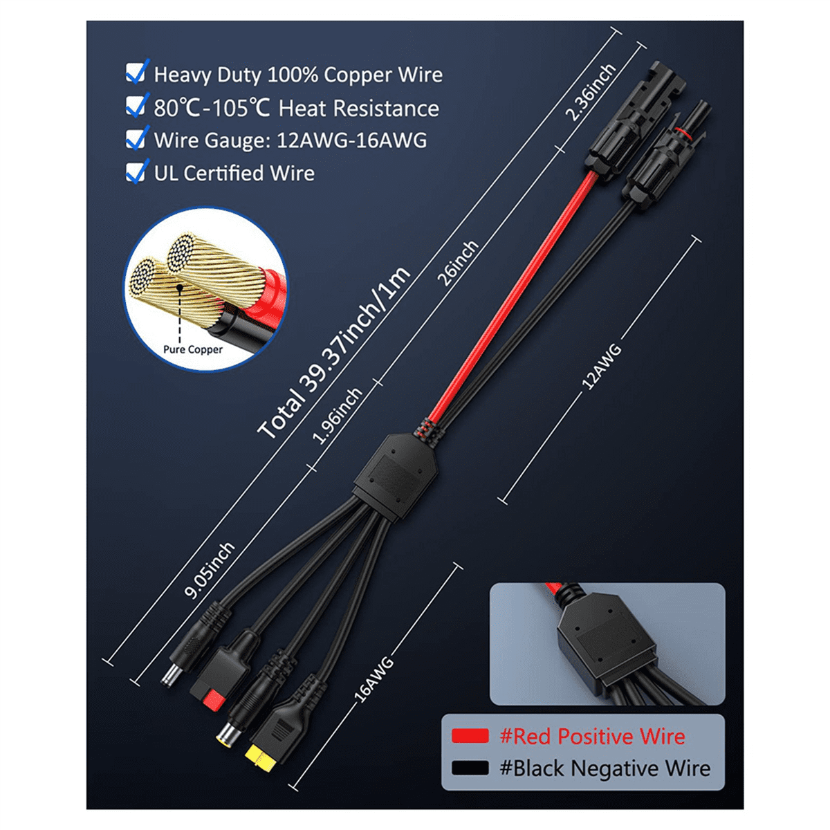 3X 4-in-1 Solar Panel Connector Extension Cable Splitter for Anderson Connector DC Adapter Power Plug Female Conn,3 x 4-in-1 Solar Panel Connector Extension Cable Splitter,As Shown