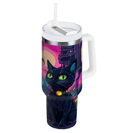 

40oz Travel Mug with Straw Car Bottle Insulated Mug with Handle Reusable Stainless Steel Water Bottle for Car Travel Home Cyberpunk Black Cats