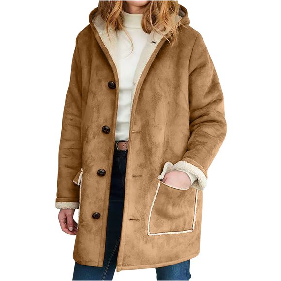 HBFAGFB Winter Coats for Women Warm Hooded Thick Outerwear Button Down Cardigan Jackets Khaki Size M