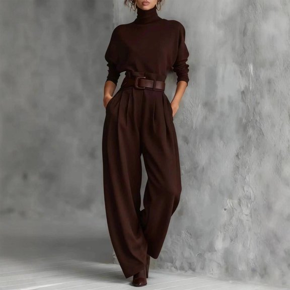 Maqroz Womens Two Piece Outfits Turtleneck Long Sleeve Pullover and High Waist Wide Leg Pants Elegant Office Business Casual Matching Sets