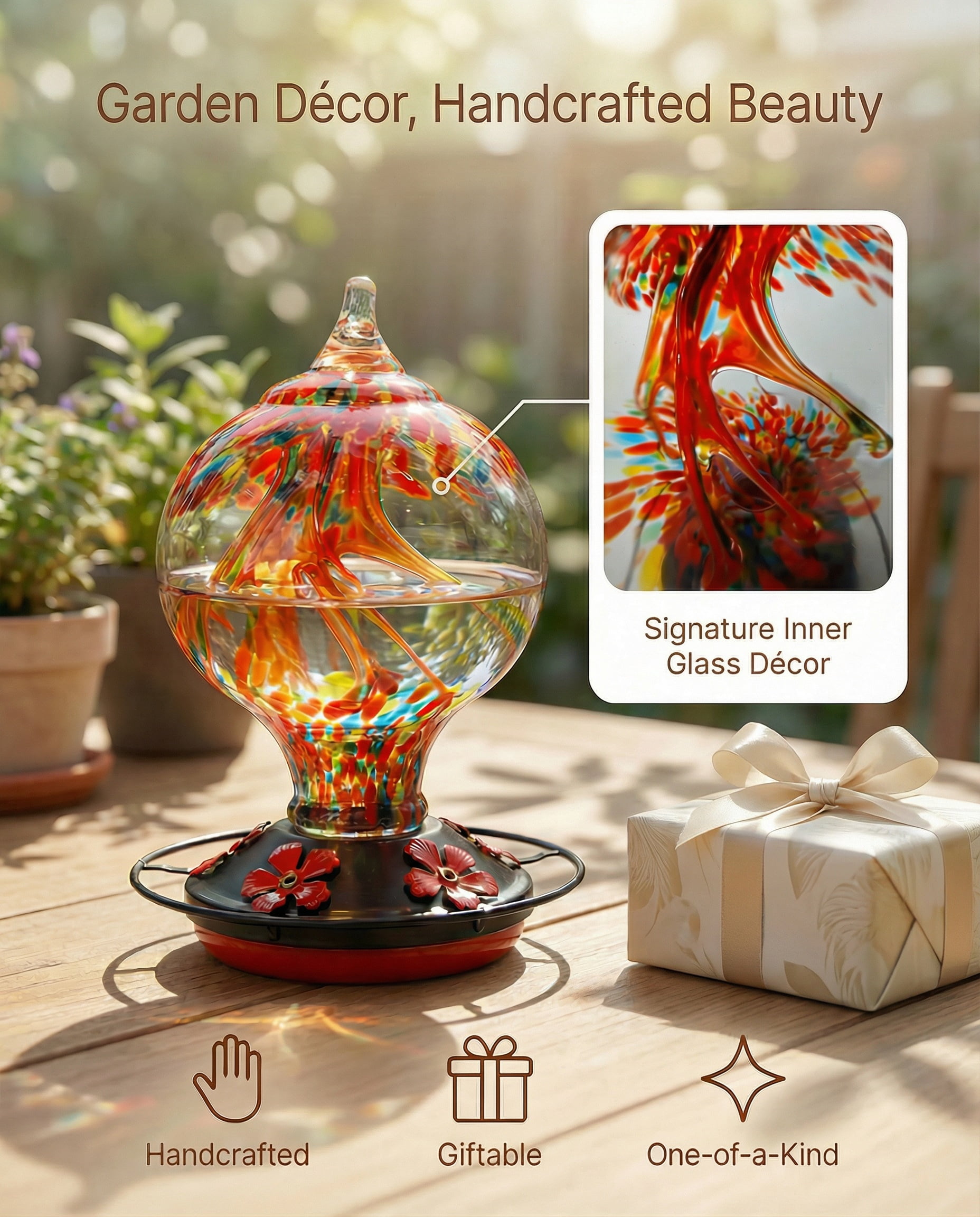 Novoto Hummingbird Feeder for Outdoors Hanging, 34 Oz, Hand Blown Gift Inner Glass Décor for Garden, Ant Moat & Bee-Resistant Ports, Decoration Stained Humming Bird Feeders, Sunset Red