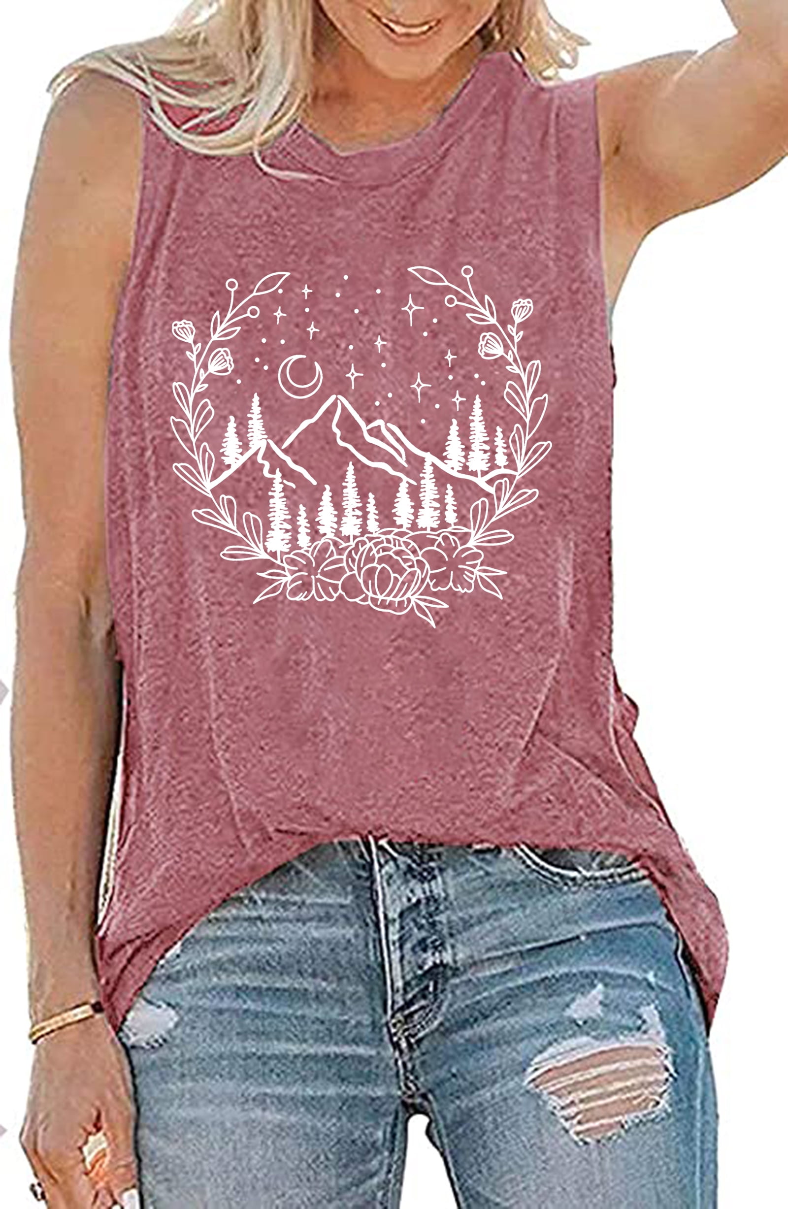 Camping Tank Tops for Women Funny Mountain Floral Graphic Tee Shirt Hiking Tank Tops Tee