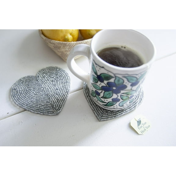 Rangeene Handmade Beaded Multipurpose Non-Slip Heart Coaster; Fits All Cup Sizes; Pack of 12; Silver