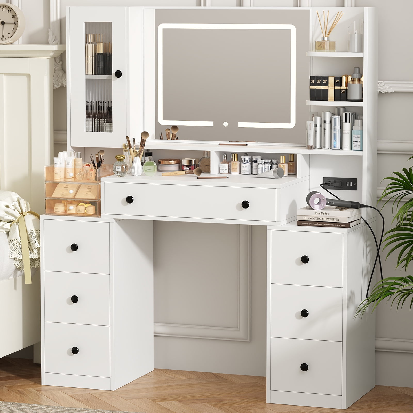 IDEALSOUL Vanity with Lights and Mirror,White Vanity Desk with 7 Drawers for Bedroom Dressing Room 3 Lighting Color Adjustable