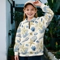 thumbnail image 3 of COEQINE Girls Printed Sweatshirt, Quarter Zip Long Sleeve Cute Pullover Loose Fit, Drop Shoulder Fall Tops Shirts for Youth Kids 7-8 Year Olds, Starfish Coral Conch Beige, 3 of 7
