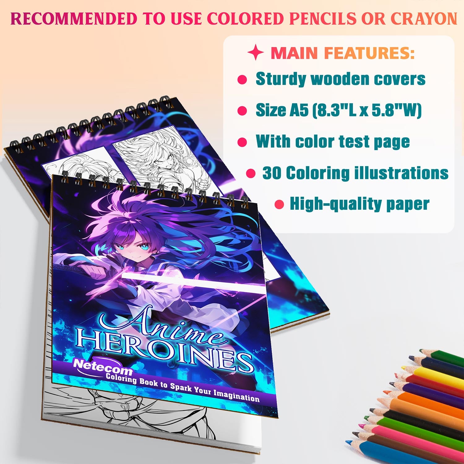 Netecom Anime Heroines Girls Coloring Book Spiral Bound for Adults, A5 Wooden Cover, 30 Delightful Coloring Pages of Warriors in Anime Style for Stress Relief and Relaxation