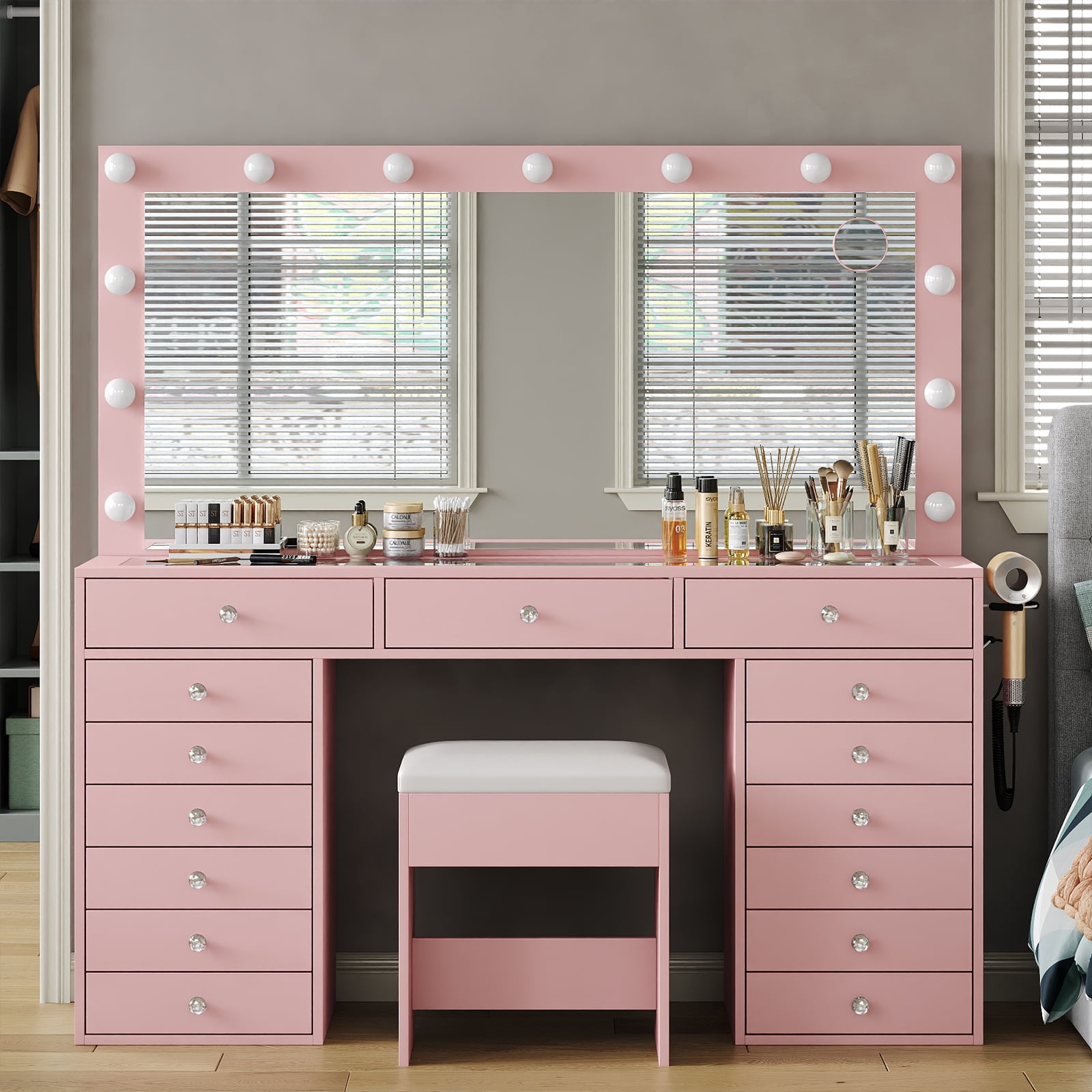 Yanosaku Vanity Desk with Mirror, 12 LED Lights, 11 Drawers, Chair