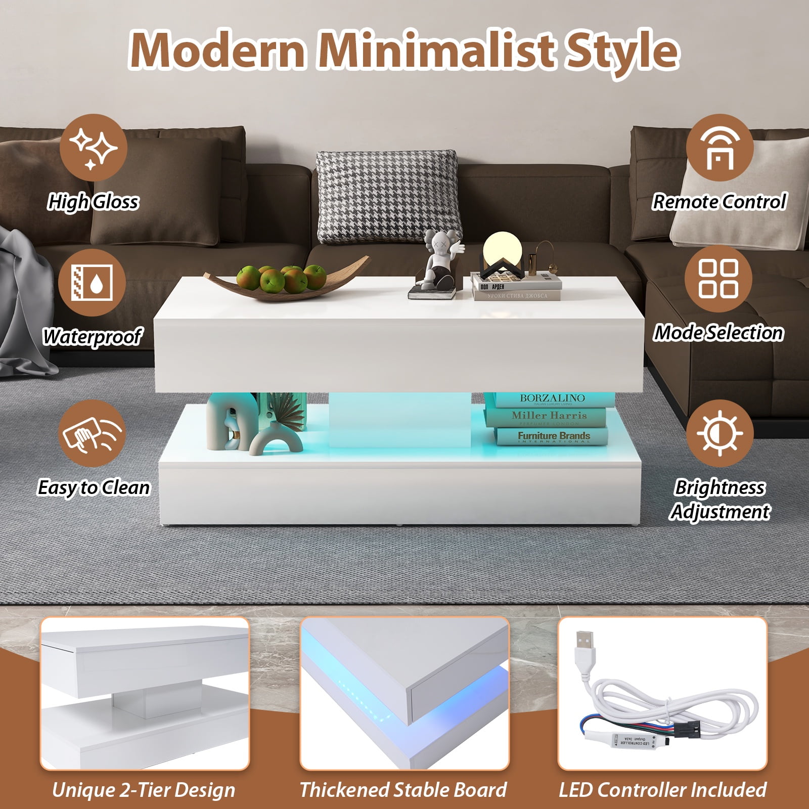 JOIVI High Gloss Coffee Table with 2 Storage Drawers, Modern LED Coffee Table, 2 Tiers Rectangle Center Table, 16-Color LED Lights, White