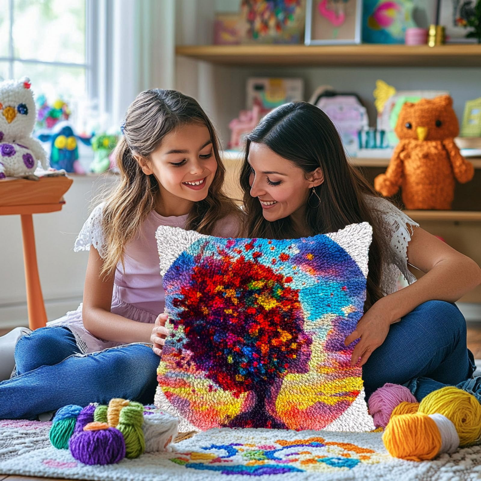 Abstract Woman Face Colorful Tree DIY Latch Hook Pillow Kits for Adults Printed Pillowcase Crochet Yarns Hooking Handmade Pillow Cover Cushion for Home Sofa Decoration 17x17inch(2)