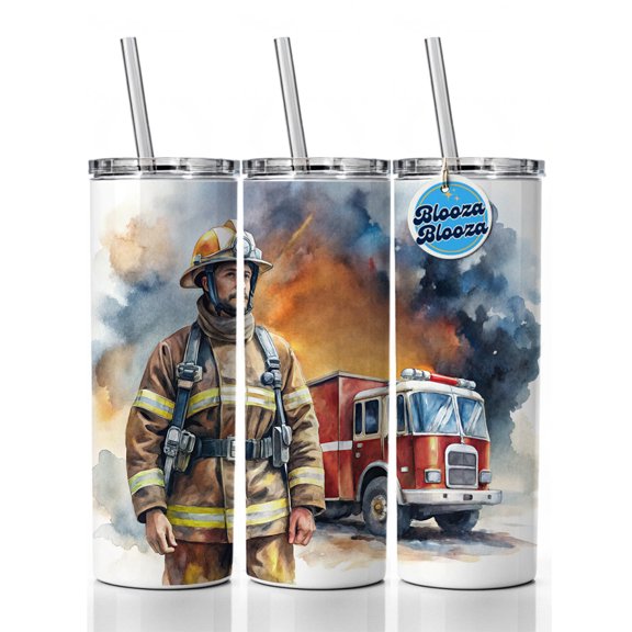 Firefighter and Fire Engine Watercolor 20oz Insulated Water Bottle Skinny Tumbler Includes Straw
