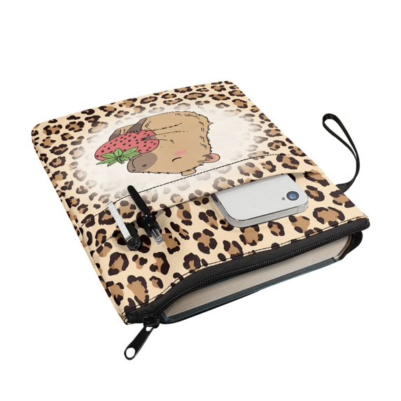 HELLHERO 1 pc Book Club Gifts Book Organizer Bag 11.42 x 8.66 Inch Polyester Fabric Book Sleeve Protector Carrying Book Case for Readers, Leopard-Strawberry