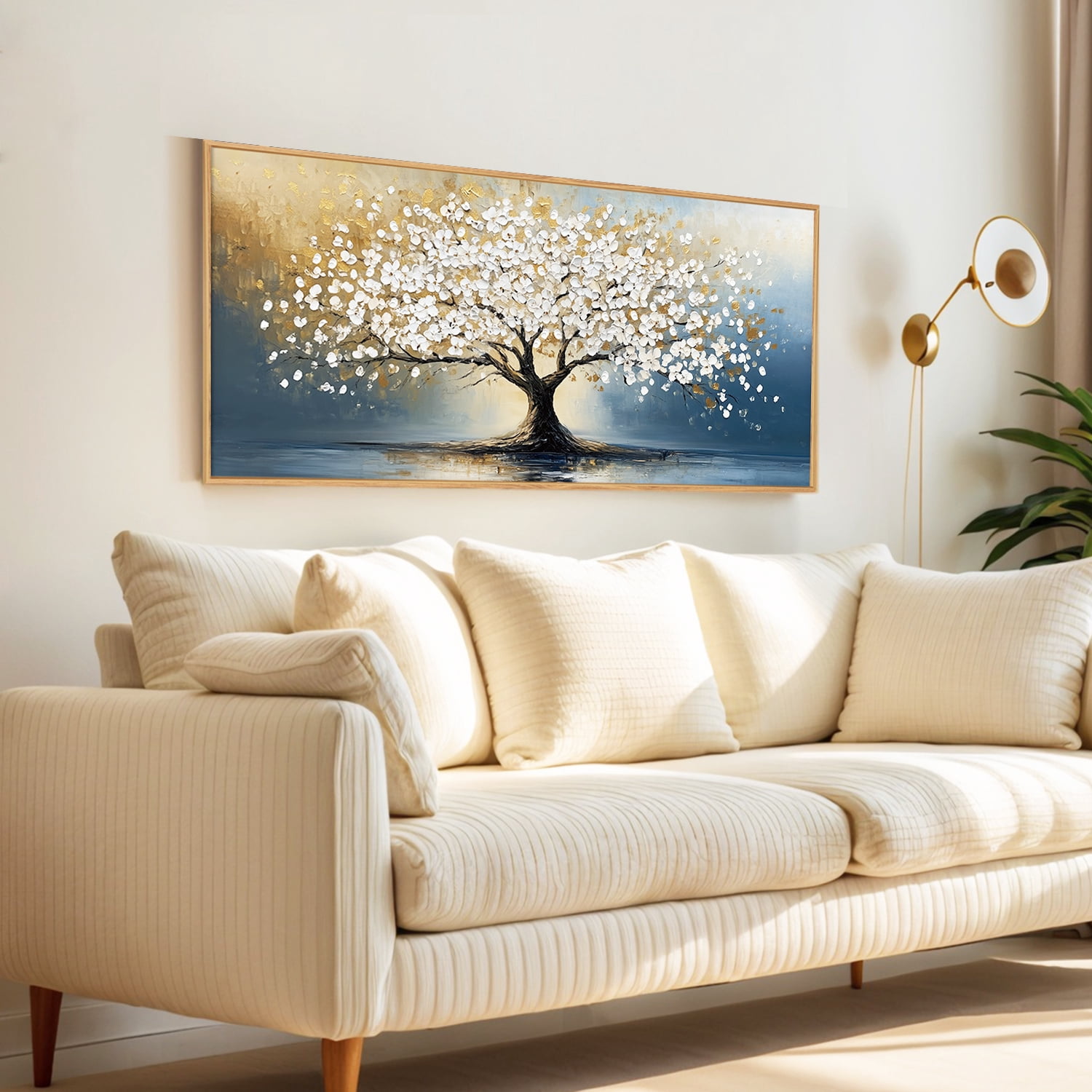 TOARTi Tree of Life Canvas Wall Art White and Gold Leaf Framed Painting Modern Abstract Big Tree Prints for Living Room Bedroom Office 20x40 Inch