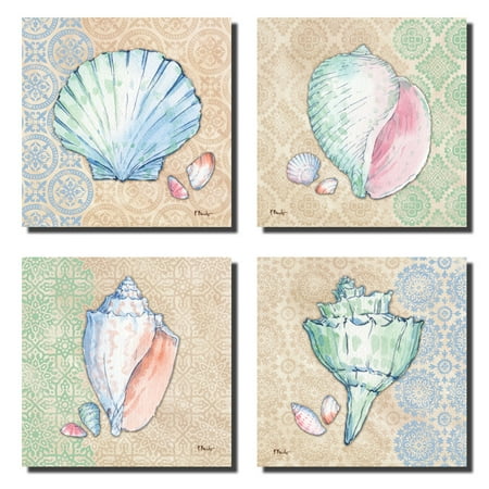 12x12 Patterned - 4 Lovely Serene Ocean Seashell and Conch Set on Aboriginal Patterned Background; Four 12x12 Poster Prints. Beige/Pink/Green/Blue