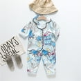 thumbnail image 3 of Girl Pajamas Dinosaur Animals Floral Satin Button Down Tops Long Pants Silk Sleepwear Set Girls Pjs Sky Blue 2 Years-3 Years, 3 of 3