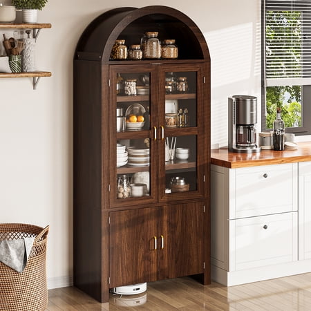 BaPro 71" Tall Arched Kitchen Pantry Cabinet, Modern Farmhouse Style Storage Cupboard with Adjustable Shelves for Dining & Living Room, Brown