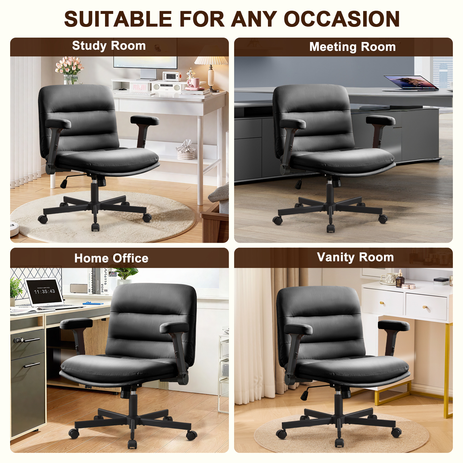 Falvinoryn 25.6" Wide Seat Office Chair, High Back Ergonomic Task Chair with Padded Adjustable Armrests and Double Cushion, Swivel Home Office Desk Chair for Office, Bedroom (Black)