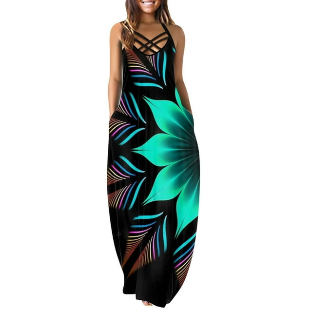 Maxi vestidos de mujer verano casual cuello en V sin mangas vacaciones playa bolsillos vestido largo Fridja hjkh6702