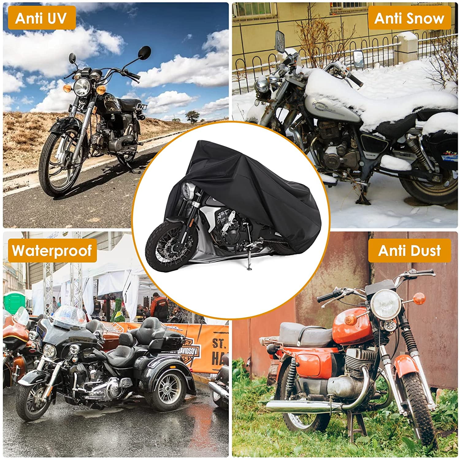 Motorcycle Cover All Season Universal Weather Waterproof Motorbike Cover with Lock-Holes & Storage Bag XXL Motorcycles Vehicle Cover for Harley Davidson, Honda, Suzuki, Kawasaki, Yamaha