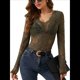 thumbnail image 3 of Blusa de Larga con Cuello Redondo y Encaje de con Bordado Floral para Mujer Verde Oliva L, 3 of 10