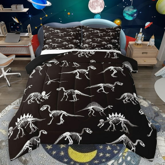 Manfei Dinosaur Skeleton Bedding Comforter Set,Dino Skull Twin Comforter Sets,White Black Bedding Set For Boys Kids,Ultra Soft Home Decor Reversible,2 Pieces