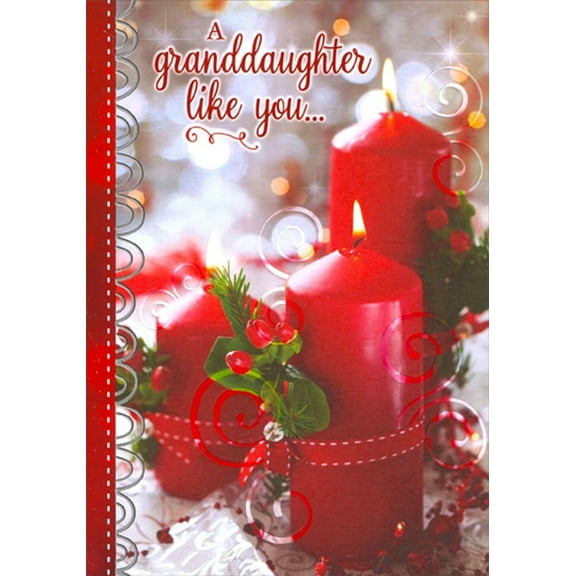Designer Greetings 3 Red Candles and Holly Closeup Photo Granddaughter Christmas Card