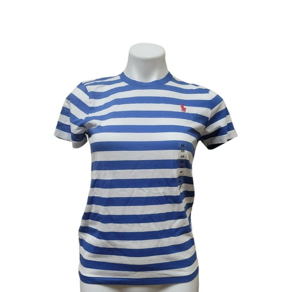 POLO RALPH LAUREN White/Indigo Women's Striped S/S Cotton Tees, US X-Small