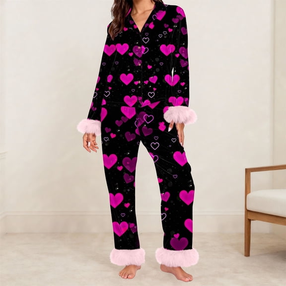 Women Soft Comfy Long Sleeve Button Down Cute Heart Print Valentines Pajamas Silk Satin 2 Piece Pajamas Set Holiday Sleepwear