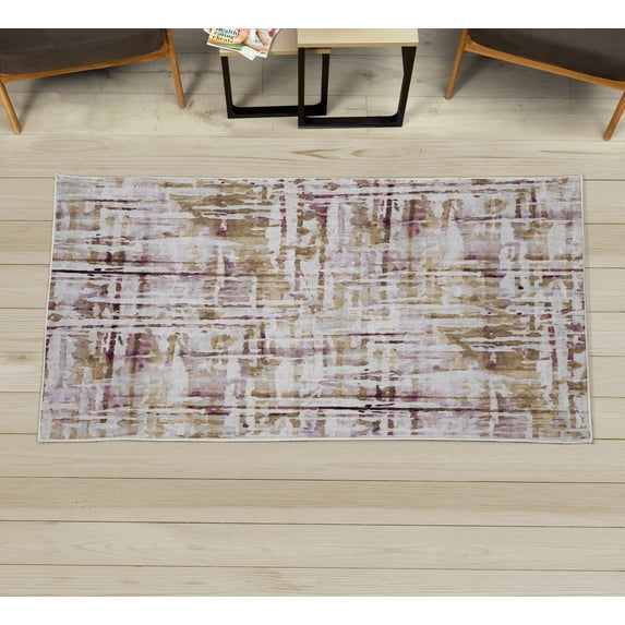 Grunge Decorative Rug, Abstract Paint Manifold Complicated Mixed and Lines Print Illustration, Quality Carpet for Bedroom Dorm and Living Room, 6 Sizes, Camel Purple, by Ambesonne