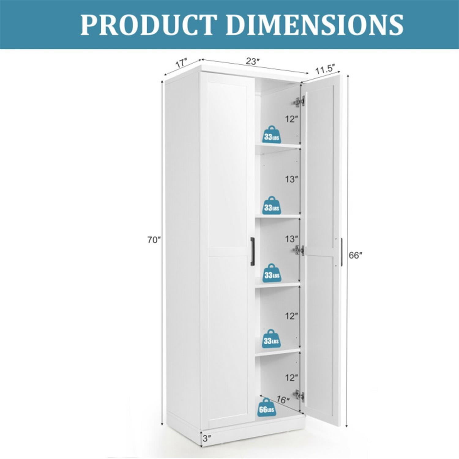 Demi Bonn 70" Freestanding Storage Cabinet with 2 Doors and 5 Shelves, Bathroom Cabinet, Pantry Cabinets, White