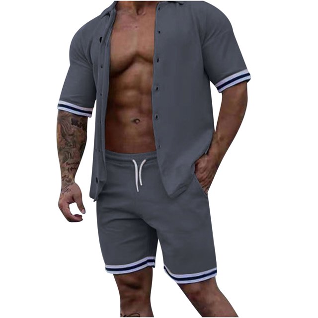 Mikilon Tenues Tendance pour Hommes Ensemble Cardigan 2 Pcs Ensemble Tricoté Slim Manches Courtes Shorts Ensemble Haut Shorts Ensemble Deux Pièces Confort Funky Manches Courtes Ensemble Gris Foncé m